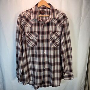 Plains Pearl Snap Shirt Men Size Large Brown Plaid Western Long Sleeve Outdoor